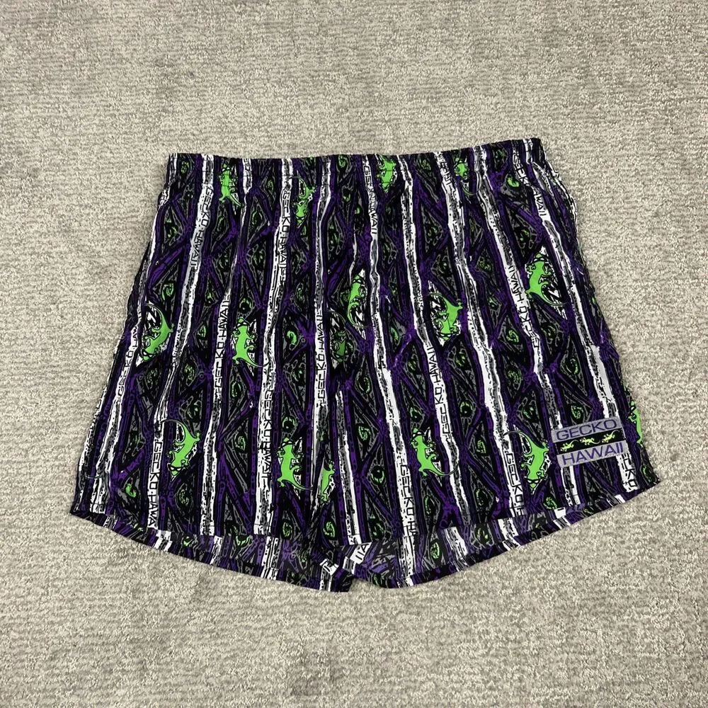 Gecko Hawaii Swim Trunks Mens XL Mesh Lined Shorts Black Purple Green Pockets